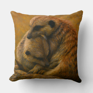 Meerkat Cuddle – Earth-Toned Wildlife Painting Throw Pillow