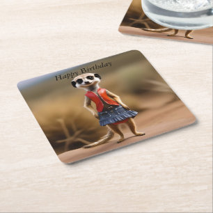Meerkat Female Teenager In Skirt And Jacket, Square Paper Coaster