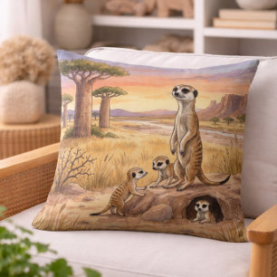Meerkat Mama And Pups Safari Animals  Throw Pillow