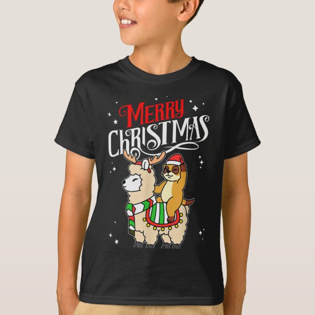 Meerkat Merry Christmas Reindeer Llama Riding Meer T-Shirt (Front)