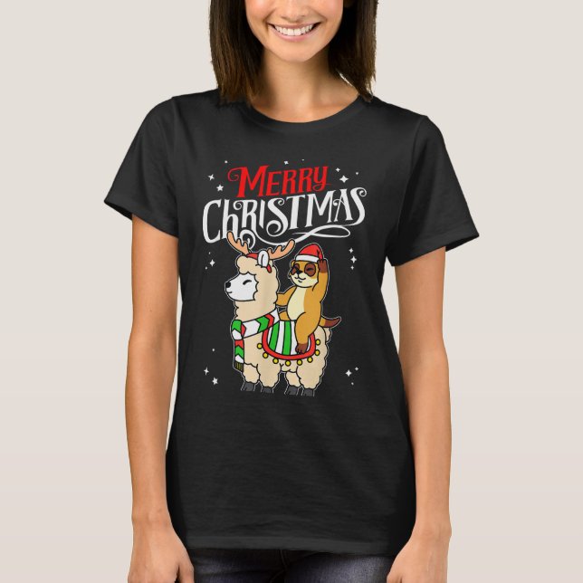 Meerkat Merry Christmas Reindeer Llama Riding Meer T-Shirt (Front)