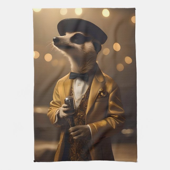 "Meerkat Moonlight: A Crooner’s Serenade" Kitchen Towel (Vertical)