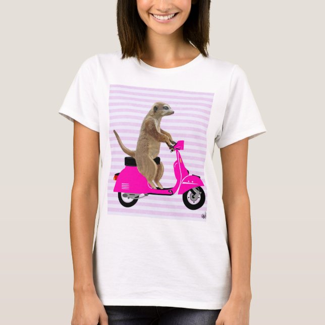 Meerkat on Pink Moped 2 T-Shirt (Front)