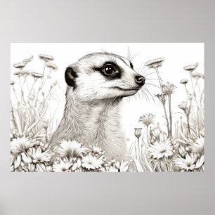 Meerkat Peaceful Nature Prairie Sketch Drawing Art Poster