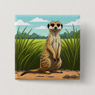 Meerkat standing alert in a field of grass 2 inch square button