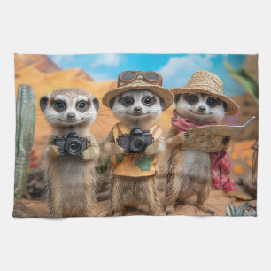 Meerkats Dressed as Tourists with Cameras and Maps Kitchen Towel