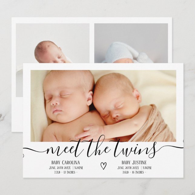 Meet babies script heart 3 photo baby twins birth  announcement (Front/Back)