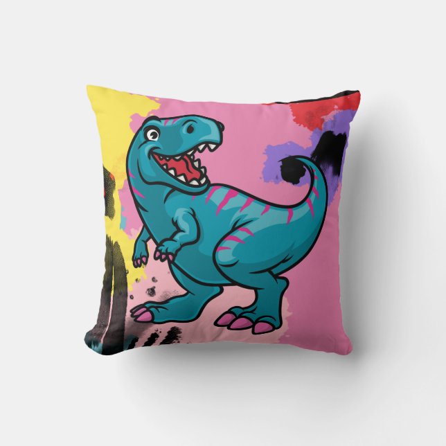 Meet Dino the blue and pink Dinosaur Throw Pillow (Front)