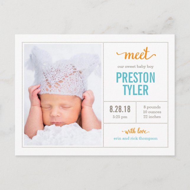 MEET HIM Modern Birth Announcement Postcard (Front)