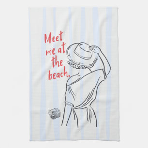 Meet Me At The Beach Blue Striped Beach Lovers Kitchen Towel
