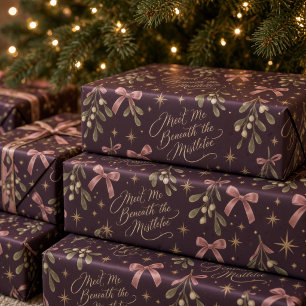 Meet Me Beneath the Mistletoe Dark Plum Pink Bow Wrapping Paper