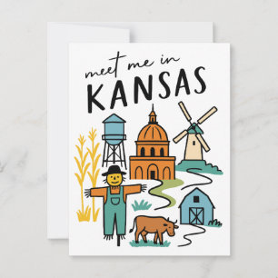 Meet Me In Kansas Retro Farm Scarecrow Windmill Postcard