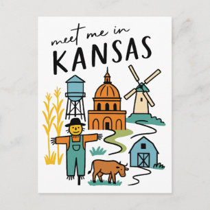 Meet Me In Kansas Retro Farm Scarecrow Windmill Postcard