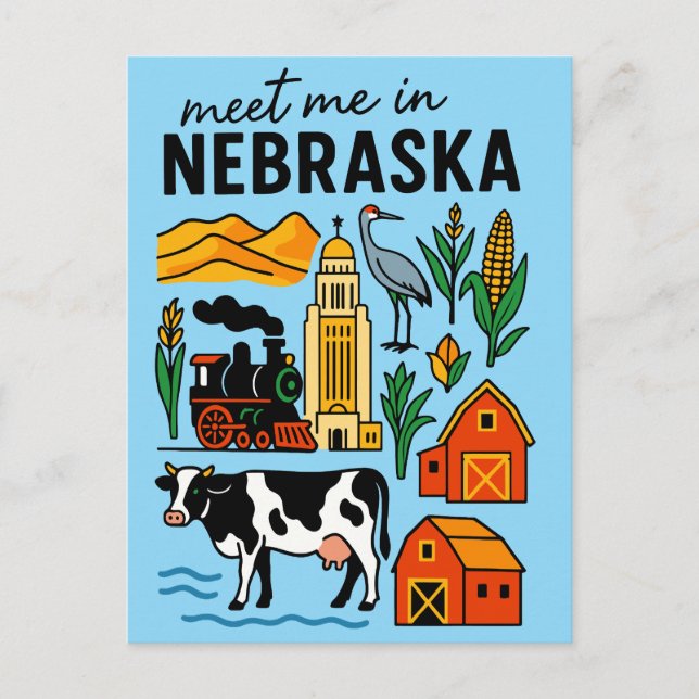 Meet Me In New Nebraska Retro Landmarks Icons Postcard (Front)