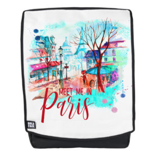 Meet Me in Paris France Eiffel Tower Watercolor Backpack