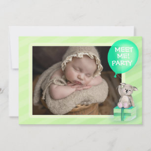 Meet me new baby koala party invite mint green