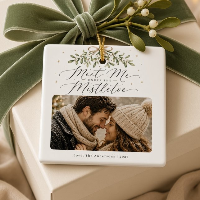 Meet Me Under the Mistletoe Personalized Couple  Ceramic Ornament (Creator Uploaded)