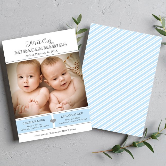 Meet Our Miracle Babies Twin Boys Blue Photo Birth Announcement (Creator Uploaded)