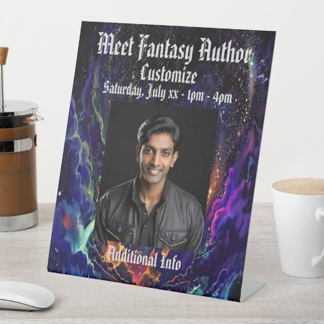 Meet The Author Colourful Fantasy Background Pedestal Sign (In SItu)
