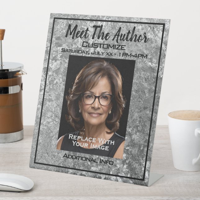 Meet The Author Silver Texture Pedestal Sign (In SItu)