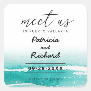 Meet Us In Destination Wedding Teal Save The Date Square Sticker