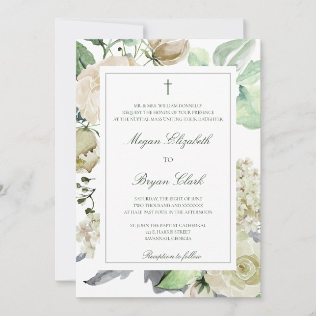 Megan Catholic Floral Watercolor Greenery Wedding Invitation (Front)