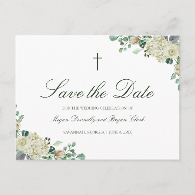 Megan Christian Cross Roses Greenery Save the Date Announcement Postcard (Front)