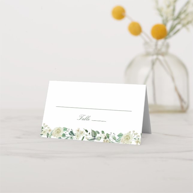Megan Elegant Greenery White Flowers Wedding Place Card (Front)