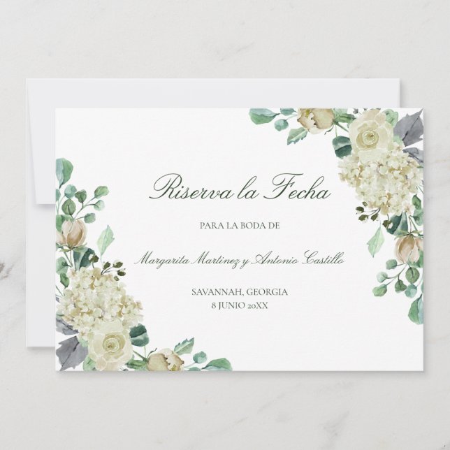Megan Elegante Flores Blancas Riserva la Fecha Save The Date (Front)