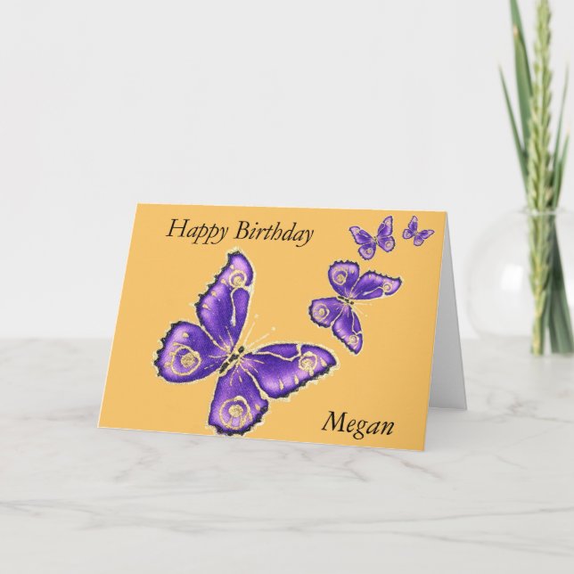 Megan, Happy Birthday purple butterfly card (Front)