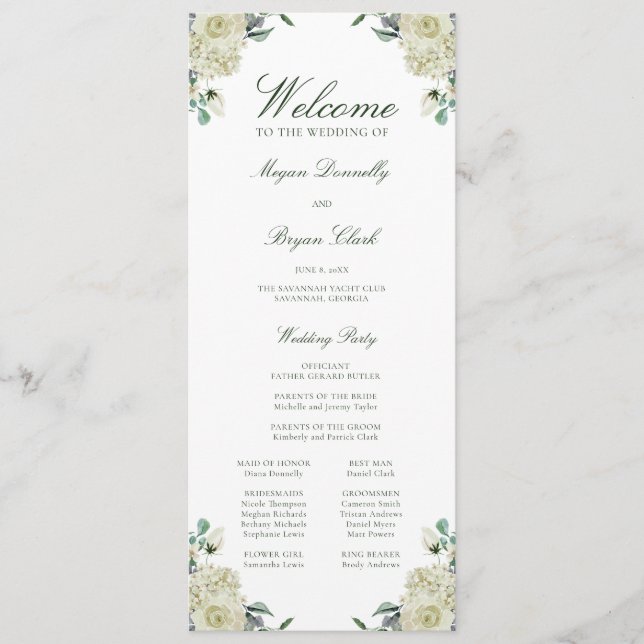 Megan White Floral Elegant Wedding Ceremony Program (Front)