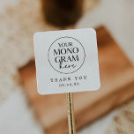 MEGHAN Monogram Black White Boho Wedding Thank You Square Sticker<br><div class="desc">These monogram black and white boho wedding thank you stickers from the Meghan Collection are perfect for a personalized wedding reception. Give your wedding a premium branded look by uploading your custom wedding monogram or crest to the easy to use templates in the MEGHAN Collection by Fresh & Yummy Paperie....</div>