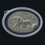 Megiddo Seal Oval Belt Buckle<br><div class="desc">Features a digital rendition of the Megiddo Seal; also known as the Seal of Jeroboam or Shema Seal. The seal was discovered in 1904 during archaeological excavations conducted by Gottlieb Schumacher at Megiddo in what is now northern Israel during the Turkish occupation of the land. It was discovered accidentally in...</div>
