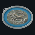 Megiddo Seal Oval Belt Buckle<br><div class="desc">Features a digital rendition of the Megiddo Seal; also known as the Seal of Jeroboam or Shema Seal. The seal was discovered in 1904 during archaeological excavations conducted by Gottlieb Schumacher at Megiddo in what is now northern Israel during the Turkish occupation of the land. It was discovered accidentally in...</div>