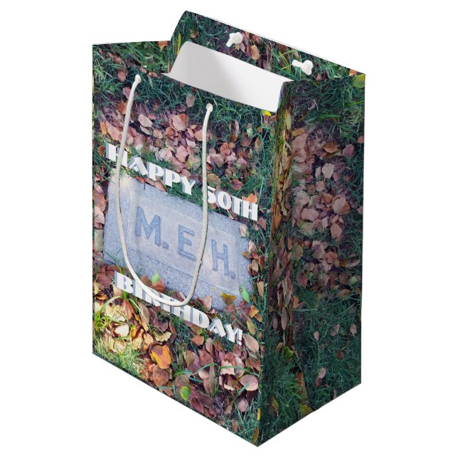 Meh Gravestone Morbid Humour Funny Custom Birthday Medium Gift Bag (Front Angled)