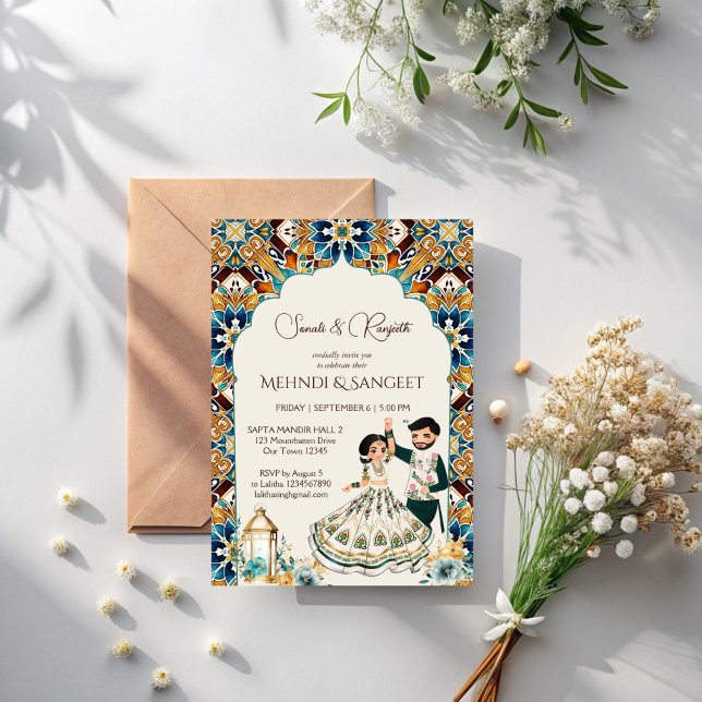 Mehndi and sangeet Indian wedding  Invitation (Mehndi and sangeet Indian wedding Invitation template instant download cute bridal couple cartoon)