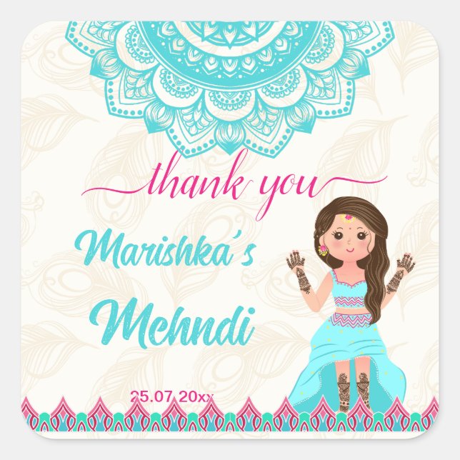 Mehndi board sign welcome pink and blue bride square sticker (Front)