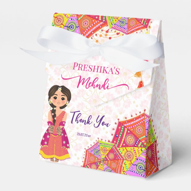 Mehndi cute Indian bride umbrella thank you Favor Box (Front Side)