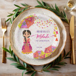 Mehndi cute Indian bride umbrellas  Paper Plate<br><div class="desc">Mehndi cute Indian henna bride with pink and yellow umbrellas and tassels personalized paper plates.</div>