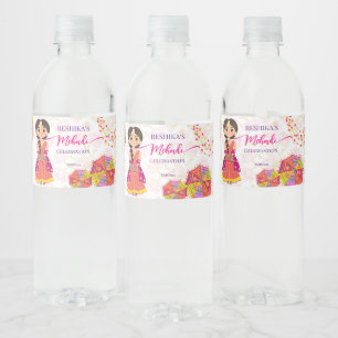 Mehndi cute Indian bride umbrellas Water Bottle Label