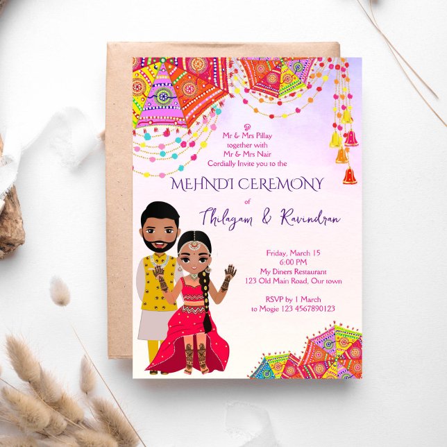 Mehndi faire-part de mariage tamoul du sud de l'In (Mehndi South Indian Tamil template invitation instant download with a cute Tamil bridal couple)