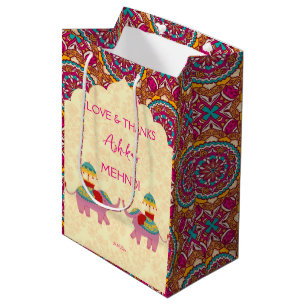 Mehndi favour gift cute elephants pink mandala medium gift bag