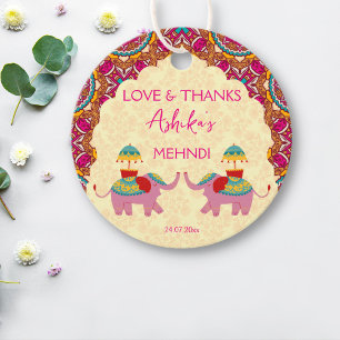 Mehndi favour gift tags cute elephants pink mandal