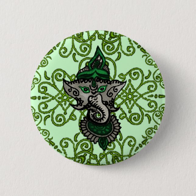 Mehndi Ganesha (Green) 2 Inch Round Button (Front)