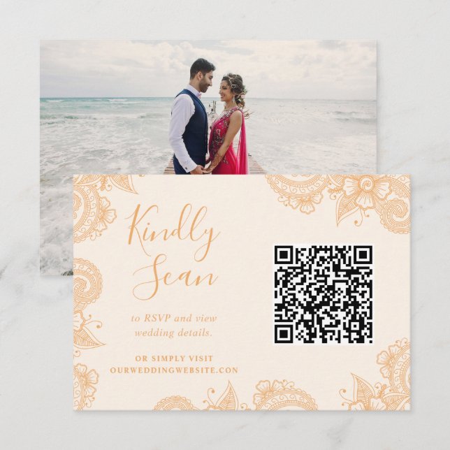 Mehndi Henna Mariage QR Code carte de boîtier RSVP (Devant / Derrière)