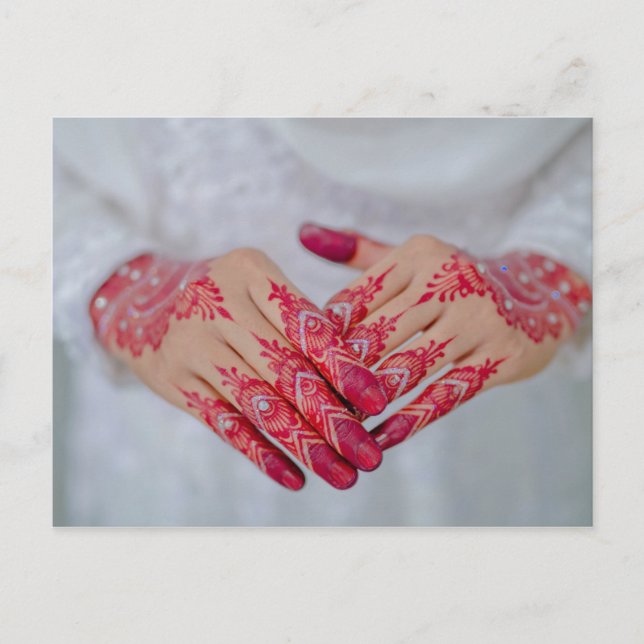 Mehndi Henna Red White Celebration Announcement Postcard (Front)