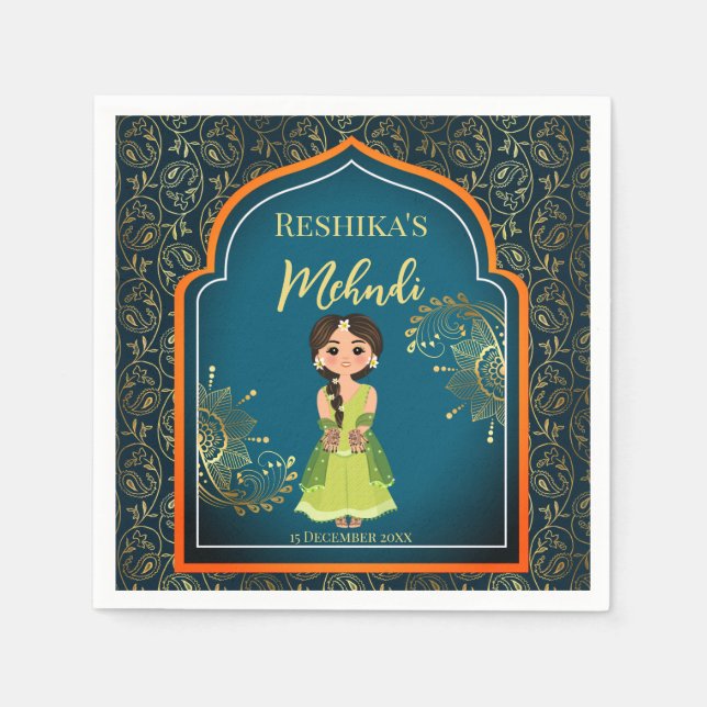 Mehndi Indian Arabian patterns design teal green Napkin (Front)