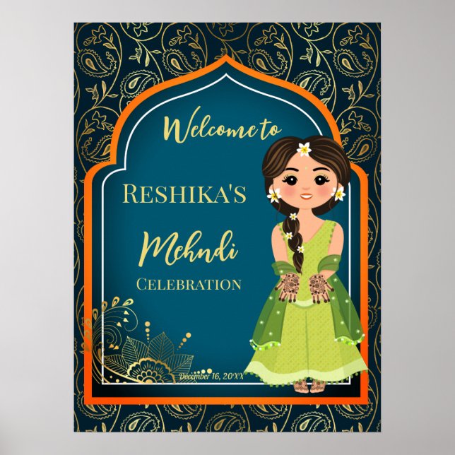 Mehndi Indian Arabian patterns design teal green Poster (Front)