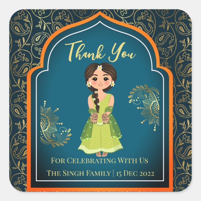 Mehndi Indian Arabian patterns design teal green  Square Sticker (Front)