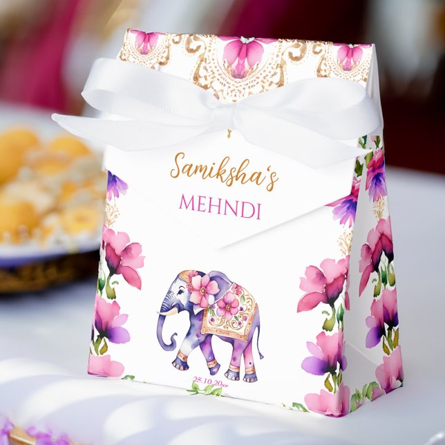 Mehndi Indian wedding elephant pink flowers Favor Box (Mehndi Indian wedding cute decorated elephant pink flowers Favor Box)